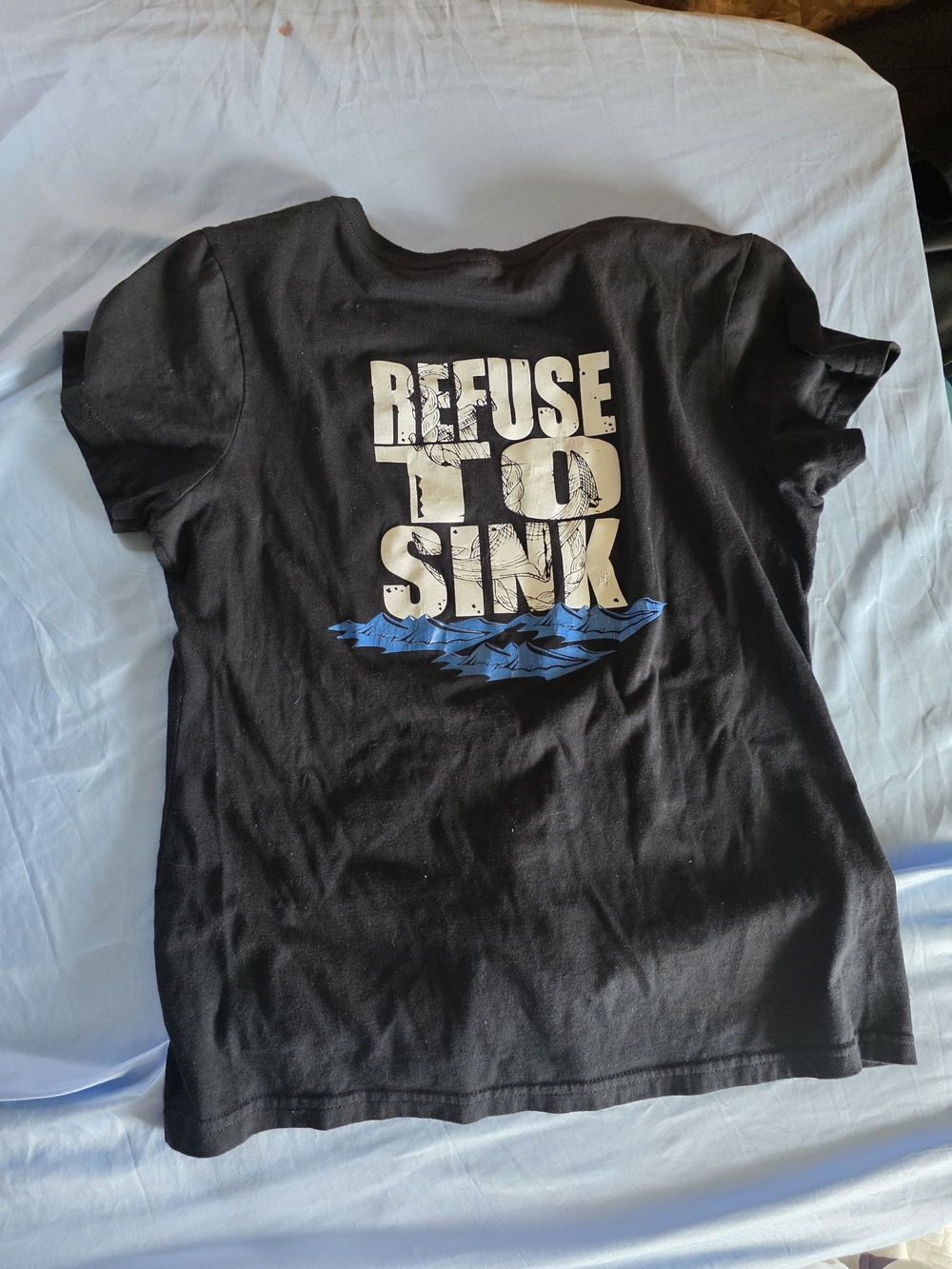 Port and Company Black T‑Shirt with Cream 'Refuse To Sink' and Blue Wave Graphic